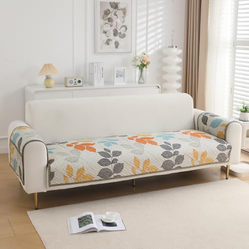 Image of HOKIPO 'HomeHues Series' Printed Quilted Sofa Seat Mat for 3 Seater Sofa with 2 Armrest Covers with Pockets, Multicolor Leaves (IN-809-D2 + IN-814-D2*2)