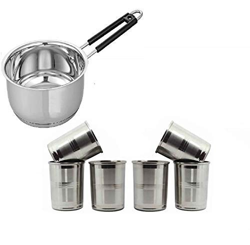 KITCHEN MATE Stainless Steel Induction Bottom Saucepan 2 Litre with Stainless Steel 180ml 6 Glasses