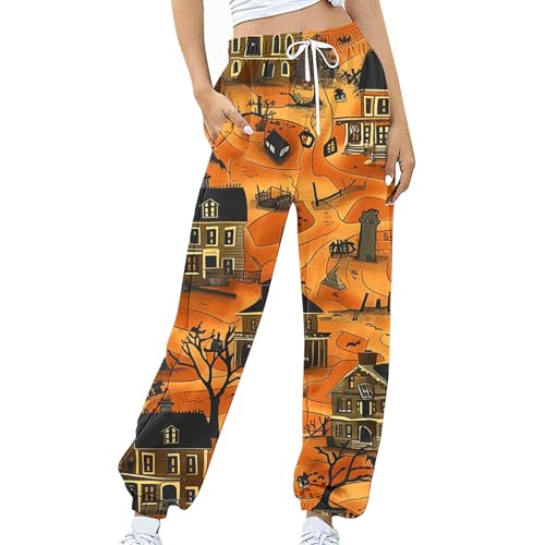 Womens Halloween Sweatpants Pumpkin Face Print Loose Pants Fashion Elastic Waist Drawstring Jogging with Pockets2