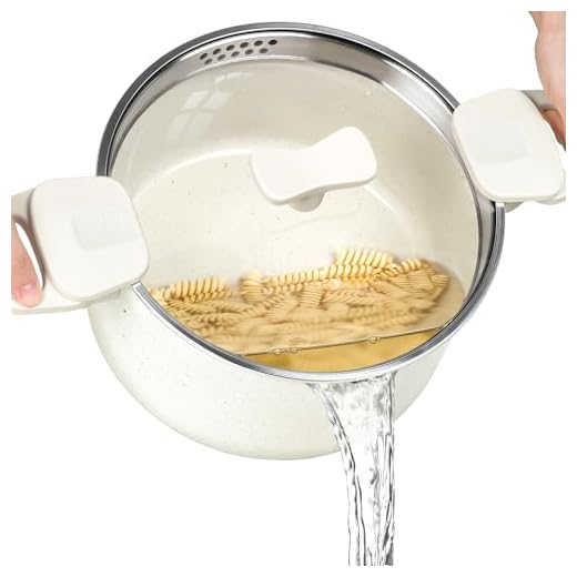 MICHELANGELO Pasta Pot with Strainer Lid, 6 Quart Multipurpose Pot with Twist and Lock Handles, Soup Pot with Nonstick Granite Coating, Spaghetti Pot Induction Compatible, White