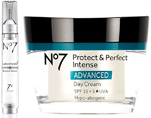 (2 PACK) No7 Laboratories LINE CORRECTING Booster Serum x 15ml & No7 Protect & Perfect Intense ADVANCED Day Cream x 50ml