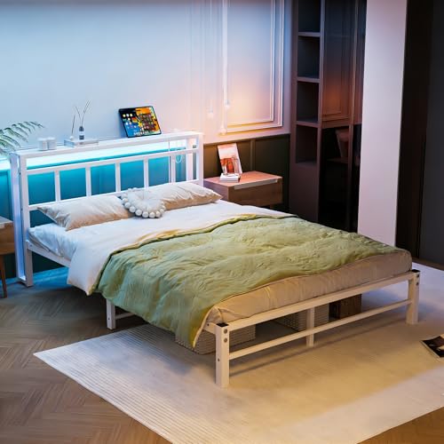 VECOCHO 5ft King Size Bed Frame King Bed Base with Storage and Charging Station,Heavy Duty Metal Platform with LED Lights,King Beds150x200cm,Mattress Base No Box Spring Needed,Noise Free,White
