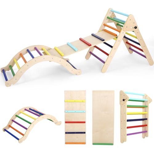 Image of Arlopu Pikler Triangle Set 7 in 1, Foldable Climbing Toys for Toddlers, Wooden Montessori Play with Arch & Ramp & Ladder, Large Climbing Indoor Playground Set, Indoor Jungle Gym, Rainbow