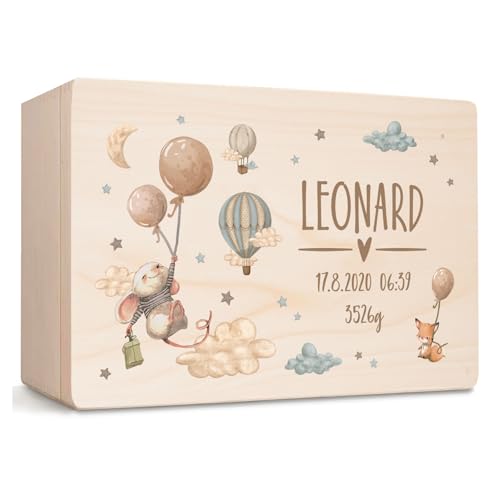 Little Deco Erinnerungsbox Baby personalisierte Holzkiste, Aufbewahrungsbox mit Namen, Maus mit Luftballon, Geschenk zur Geburt & Taufe, Geburtstag für Jungen & Mädchen XHL1146-7-M