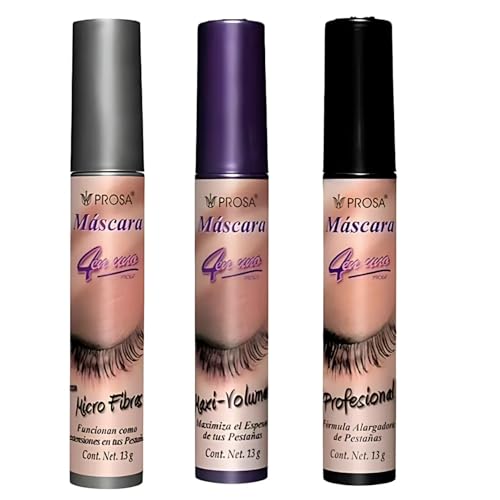 Prsa Mascara Set of 3 Piece Bundle Set (Microfibras + Profesional + MaxiVolumen) - Waterproof Makeup - Alargadora + Volumen + Efecto Extensiones