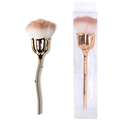 AKOAK 1 Pack Rose Flower Design Nail Art Cleaner Brush Multifunctional Blush Brush Powder Brush, Beauty Manicure Tool Gel Nail Care Accessories (Light brown+Gold)
