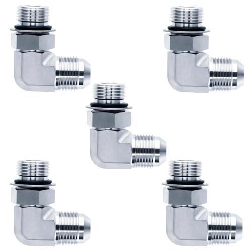 Image of 90 Degree Elbow Straight Hydraulic Hose Adapter Fittings, 6801-08-08 1 /2 inch Male JIC (3 /4 inch-16 thread) x 1 /2 inch Male ORB (3 /4 inch-16 thread) Connectors x 5 pack
