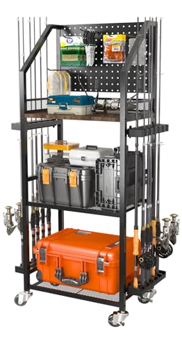SOYEEZE Fishing Rod Holders for Garage, Fishing Pole Holders Up to 12 Rods with Pegboard and Hooks,Rolling Fishing Cart with Wheels, Fishing Gear Storage For Tackle Box & Reel Organization