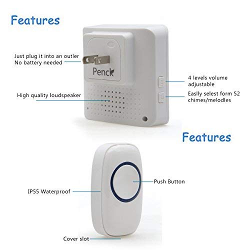 Penck Wireless Doorbell, Caregiver Call Button Wireless Nurse Call Alert System With 1 Plug-In Receiver And 2 Waterproof Push Buttons Transmitters Operating At 500-Feet, Adjustable Volume, 52 Chimes #TOP3