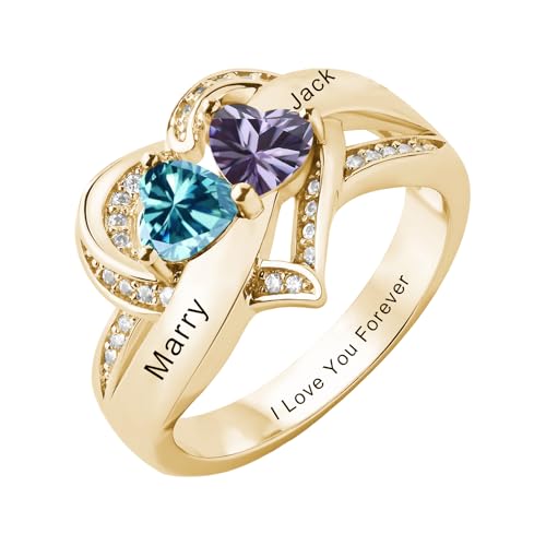 Custom Birthstone Promise Rings for Her Solid 10k 14k 18k Gold Engraved 2 Names Personalized 2 Heart Birthstones Christmas For Mom Wife Lover