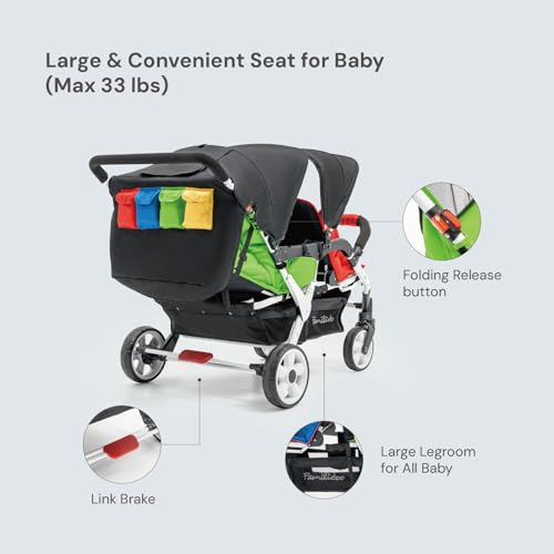 Image of Familidoo H4E Quad Stroller Wagon for Kids, 4-Seater Daycare Baby Stroller with 5-Point Safety Harness, Lightweight & Foldable with All Reclining Seats, Double Canopy & Rain Cover - All-Terrain Wheels