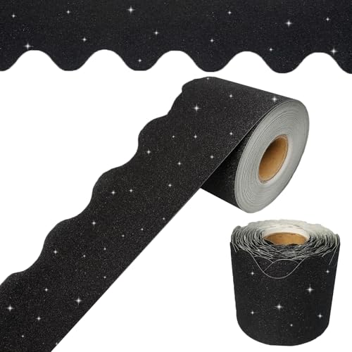 YUUIKLLE 60 Feet Bulletin Board Borders, Glitter Scalloped Border Trim Holiday Decoration for School, Bulletin Board Border Decorative,Classroom Poster Office Party Wall Locker Decor (Black)