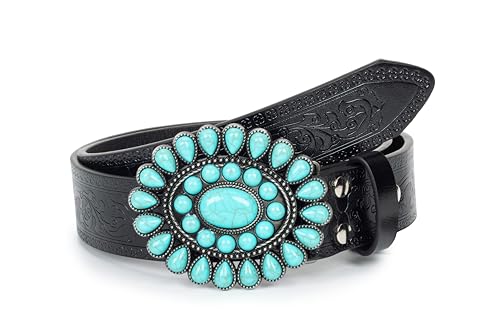 UTOWO Western Cowgirl Belt for Women,Vintage Engraved Tooled Leather Belt Turquoise Cowboy Country Belt