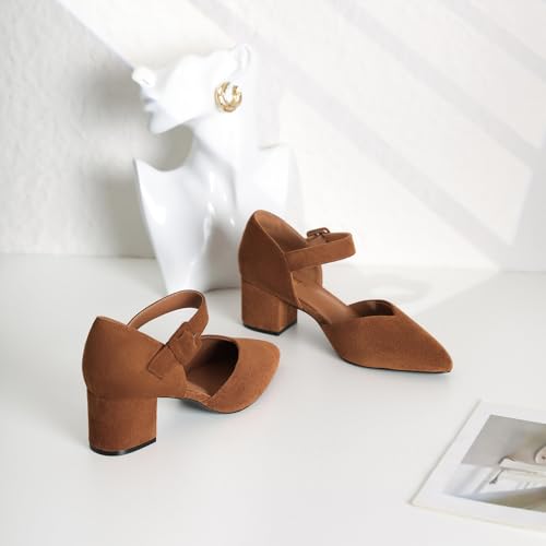 Image of RIBONGZ Comfortable Kitten Heels for Women Pointed Closed Toe Ankle Strap Buckle Heels Slip on Low Heel Church Pumps Wedding Bridal Party Dressy Shoes