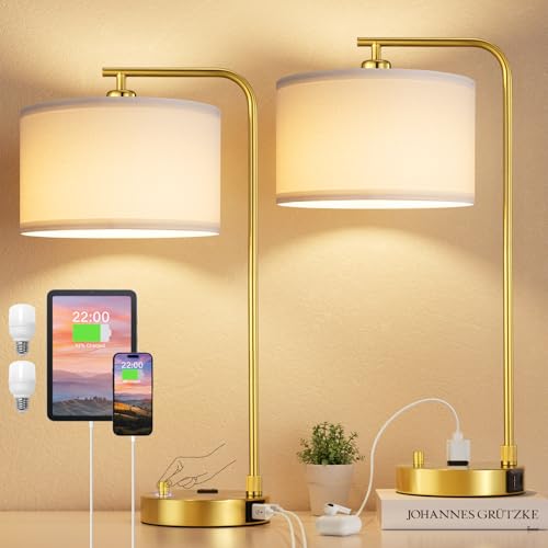 Innqoo Bedside Table Lamps for Bedroom Set of 2-Dimmable Nightstand Lamps with USB Port and Outlet Modern Gold Lamps with Linen Shade Tall Desk Lamps for Home Office Bedroom Living Room End Table