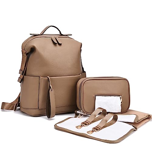 XAGMODSHN Mochila para pañales para mamá, piel sintética, bolsa de viaje grande para bebé con cambiador, marrón claro, 28x15x35cm