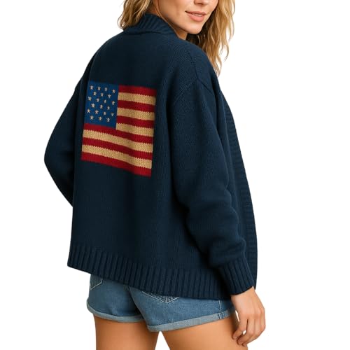 American Flag Knit Sweater Cardigan for Women USA Flag Star Stripe Print Open Front Knitwear Cardigans 4th of July