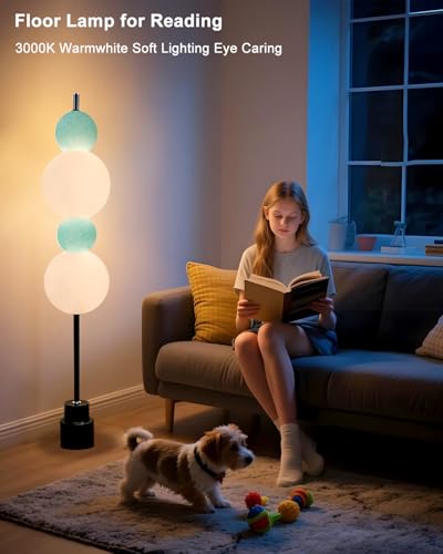Image of Blue Globe Floor Lamp - RGB & 3000K Dimmable LED, Touch Switch, Modern Tall Standing Lamp for Bedroom, Living Room, Home Office, Gold Metal