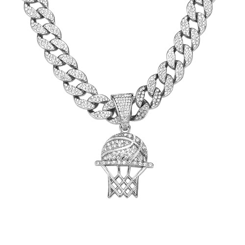 Miami Hollow Basketball Hoop Cuban Link Chain for Men Iced Out Chain - Silver Bling Diamond Pendant Hip Hop JewelryG9