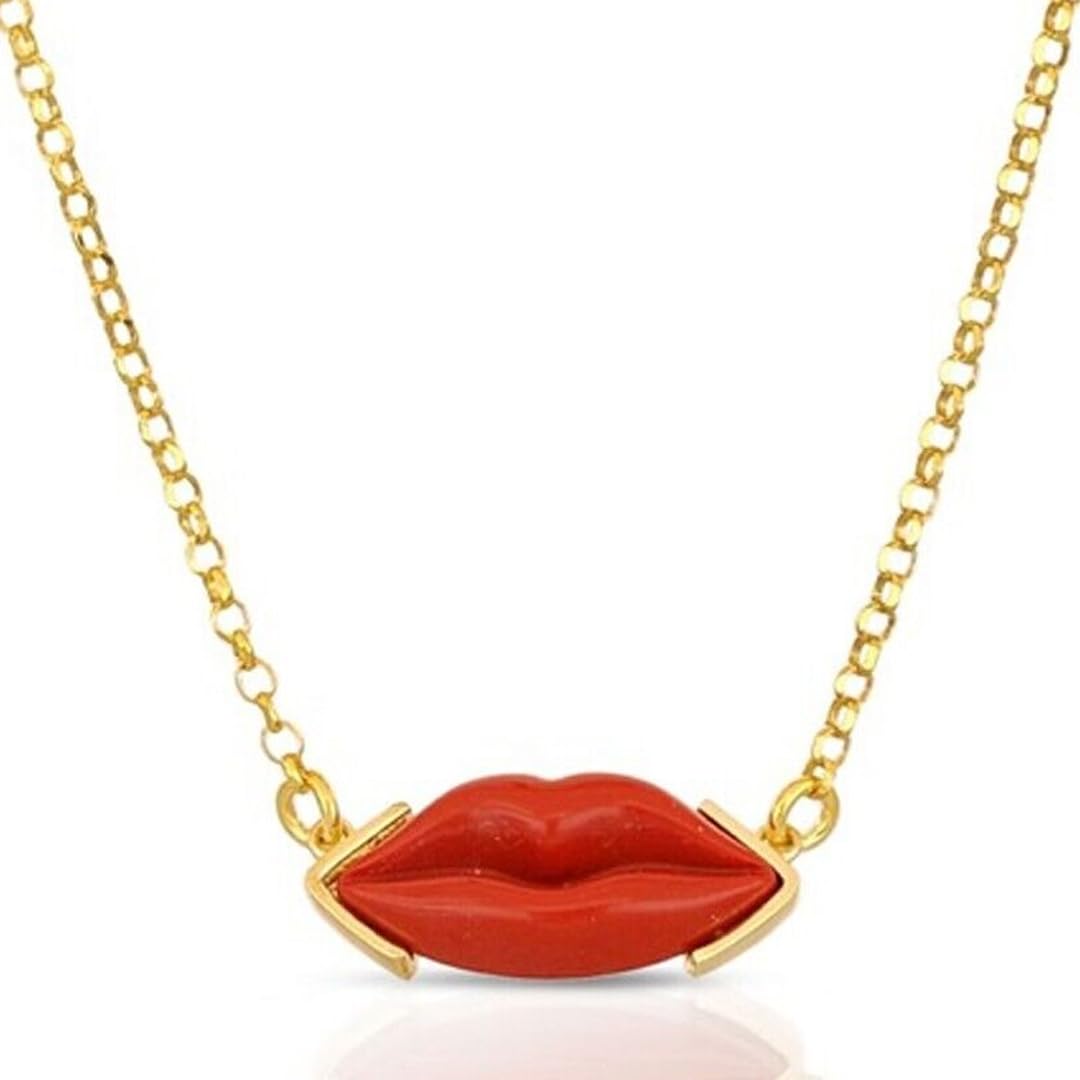 Collana labbra Bocca lolita pasta di corallo rosso naturale del Mediterraneo montatura in argento 925 dorato con catenina regolabile gioiello artigianale