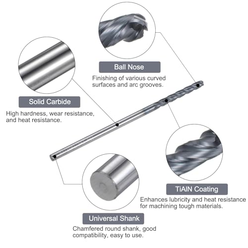 Image of uxcell Ball Nose End Mill CNC Router Bit, 1 /16 inch Radius 1 /8 inch Shank Solid Carbide TiAlN Coated Upcut Spiral 4 Flutes Cutter Milling Tool, 1 /8 inch Dia 3 inch Total Length
