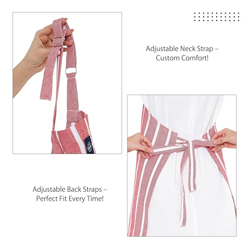 Image of Encasa XO Cotton Cooking kitchen Apron for Women and Men chef apron With adjustable neckstrap, Pocket & Towel Holder for Easy cooking, Baking, BBQ, Gardening- Roma Red Stripes, 68x85 cm