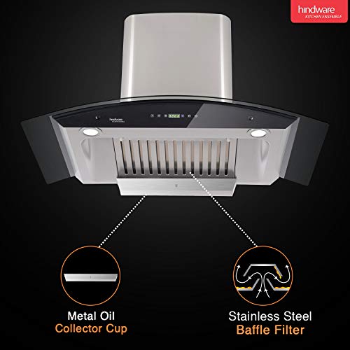 Image of Hindware Smart Appliances | Nevio 90 cm Chimney | 1200 CMH | Curved Glass | Auto Clean | Touch with Gesture Control | 10 Yrs Warranty on Motor & 2 Yrs on Product (1 Baffle Filter, Steel /Grey)
