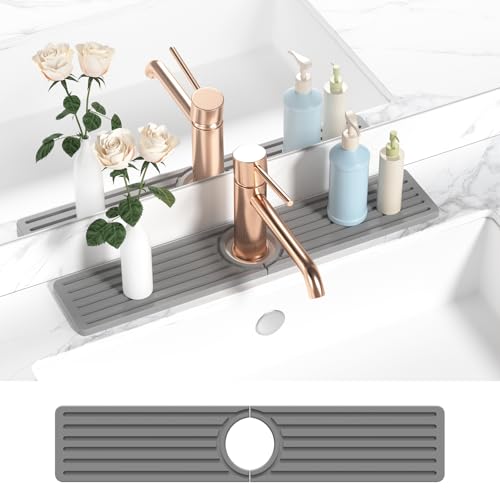 Diatomite Faucet Mat for Kitchen Sink with Raised Pads & Cleaning Brush, Super Absorbent Fast Drying Stone Sink Tray, Splash Guard Protector Mat for Bathroom Counter (Gray, 20" x 3.9") by Welebar - Used condition - CA$13.02