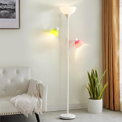 Image of White Floor Lamp, 72 inch Tall Standing Floor Lamp with 5 Replace Lampshades | Torchiere Lamps with 8W Adjustable Reading Lights, Floor Lamps for Living Room, Bedroom, Office, Bulbs Included