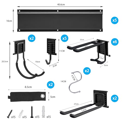 Mimoke Wandhalterung Garage und Garten Werkzeug Organizer Gerätehalter mit mehreren Haken für Gartengeräte Elektrowerkzeuge und mehr (5 Paneelemit 15 Haken)