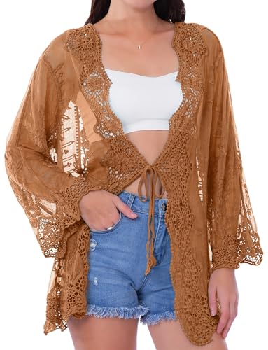 Image of Maeau Womens Long Sleeve Lace Cardigan Tie Front Mesh Kimonos Summer Mesh Sheer Cardigans Flowy Floral Coverups Beach Bikini Kimono Camel
