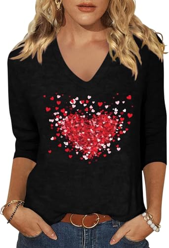 Image of Woffccrd Womens 3 /4 Sleeve V Neck T-Shirts Valentina's Day Spring Shirts Love Heart Printed Graphic Tees