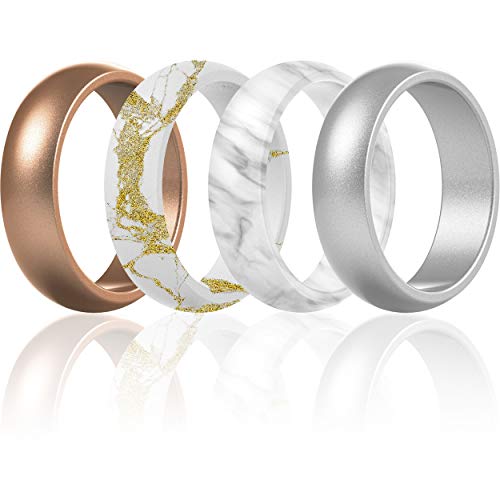 ThunderFit Silicone Rings Wedding Bands for Women, 5.5 mm Wide - 2 mm Thick (Bronze, Marble Gold, Marble, Silver - Size 6.5-7 (17.3mm))