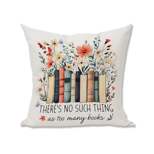 Nihilform Funny Quotes “There's No Such Thing as Too Many Books” Pillow Cover, Reading Club College Dormitory Library Cushion Cover for Sofa Bed Home Decor, Gift for Readers & Book Lovers18x18 Inch