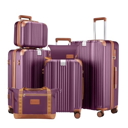 Image of Luggage Set 6 Piece Luggage with PC+ABS Hardshell TSA Lock Spinner Wheels Carry on Lightweight Suitcase Cup Holder,YKK Zippers (Purple, 6 Piece Set (14 /20 /24 /28 /DB /TB))