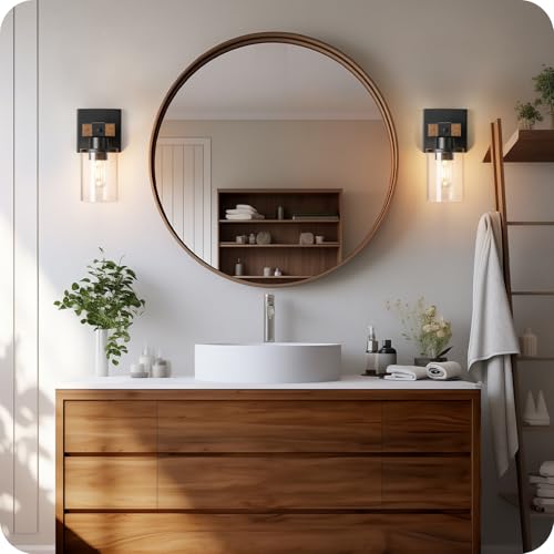 Wall-Sconces-1-Light-for-Bathroom-Farmhouse-Bathroom-Light-Fixture-Faux-Wood-Rustic-Bath-Vanity-Light-with-Clear-Glass-Round-Shade-Wall-Lights-for-Bedroom-Living-Room-Mirror-F14BD05 Wall Sconces 1 Light for Bathroom Farmhouse Bathroom Light Fixture Faux Wood Rustic Bath Vanity Light with Clear Glass Round Shade Wall Lights for Bedroom Living Room Mirror F14BD05