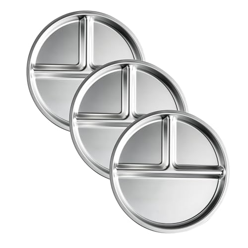 nohlerlife 3 Pack Stainless Steel Kids Plates, 9" Portion Control Plate Divided With 3 Compartments, Great for Adults Weight Loss, Toddlers & Kids of All Ages (without sleeves)