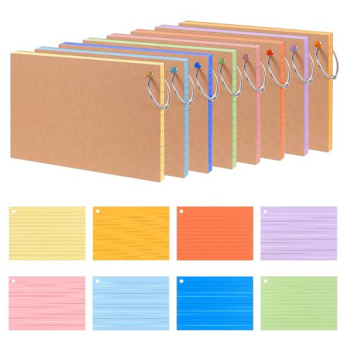 400 Fichas Estudio, tarjetas de estudio de colores, tarjetas de índice rayadas A6, flash cards, material escolar y papeleria, para oficina, hogar, escuela,con anilla de hojas sueltas (12,5 x 7,6 cm)