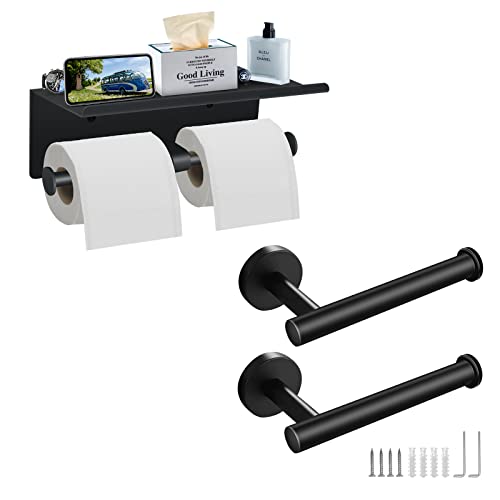 Toilet Paper Holder With Shelf, Black Toilet Paper Holder Wall Mount & 2 Pack Toilet Paper Roll Holder Waterproof Tissue Holder Dispenser, Sus 304 Stainless Steel #TOP4