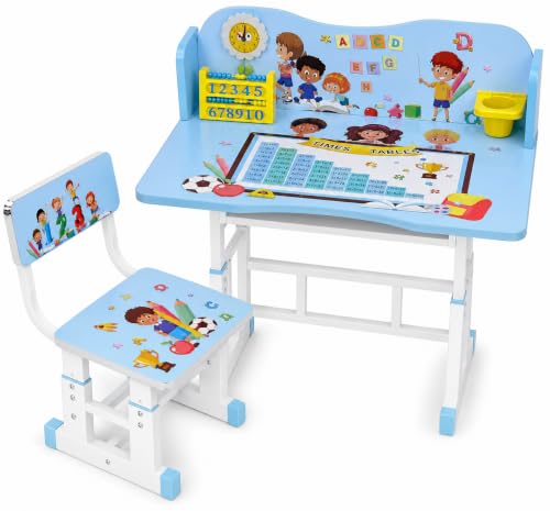 Toshionics Adjustable Kids Study Table & Chair Set | Egonomic Study Desk with Learning Board & Clock Adjustable Height School Desk with Storage Cup Tiltable Desktop for Kids 3-15 - Blue