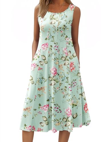 Image of HOTOUCH Summer Casual Dresses for Women Sleeveless Midi Dress Swing Tank Sundress Pleated Tshirt Dress with Pockets