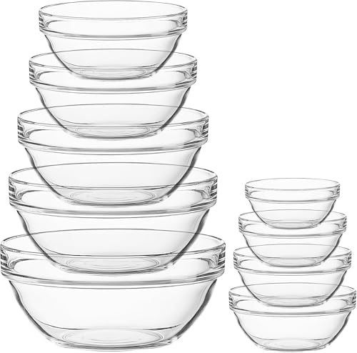 Xaztr Juego de 9 cuencos de vidrio para mezclar, cuencos apilables de vidrio, cuencos transparentes para mezclar ensaladas, cuencos de preparación para cocina, postre, ensalada, salsas, cereales,