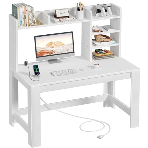 WINAZ White Desk with Hutch and Power Outlet 43 Inch Small Space Computer Writing Desk with Storage Shelves Modern Home Office Workstation for Bedroom Dorm