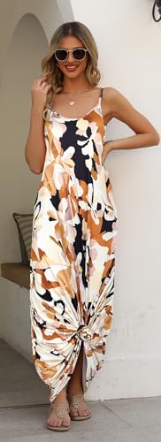 Image of Supnier Women's Summer Maxi Dress Casual V-Neck Sleeveless Bohemian Spaghetti Strap Floral Long Maxi Dress with Pockets