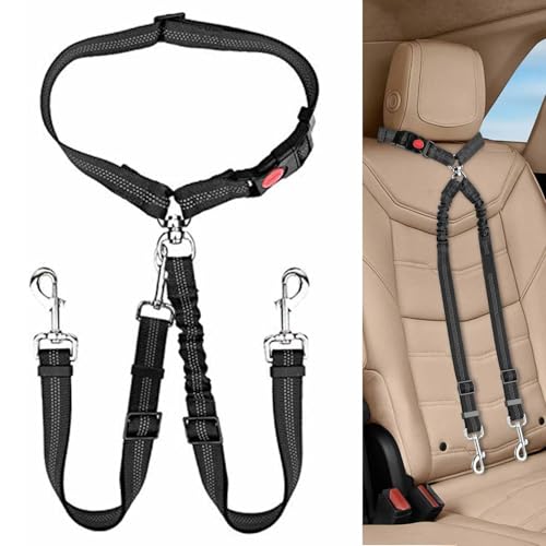 KOOK UDU Dog Seat Belt for Car, Dual Pet Vehicle Headrest Restraint Safety Seatbelt,Two Dog Leash No Tangle Dog Car Leash Seat Belt,Duty Adjust Elastic Connect Harness in Vehicle Travel(Black)
