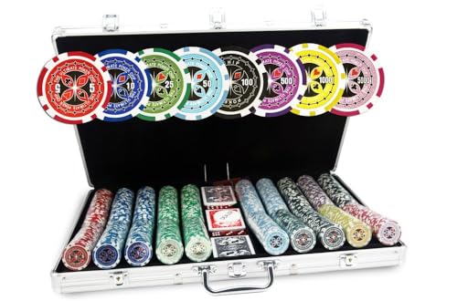 SET COMPLETO: Questa valigetta da poker include tutto il necessario per sfidare i tuoi amici a Texas hold'em o a black jack. Comprende 1000 fiches in 8 colori (5 / 10 / 25 / 50 / 100 / 500 / 1000 / 5000), 3 mazzi di carte da gioco 100% plastica, 6 dadi da casinò in acrilico rosso, 1 bottone del dealer e 1 libretto delle regole Pokeo - set poker ideale per piu di 10 giocatori