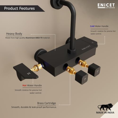 Image of ENICET Contemporary Wall Mixer for Bathroom - Sleek Modern Design - Heavy Metal Build with Storage Space for Essentials - 190mm L Bend Provision for Shower - Modern Design - Matte Black (piano121)
