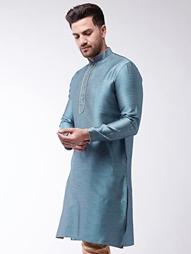 Image of VASTRAMAY VM Mens Silk Blend Kurta - Timeless Elegance for Festivals & Events | Banarasi Cotton with Silk Dobby Jacquard Mandarin Collar Full Sleeves Kurta with a Contrast Piping
