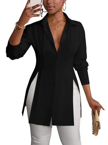 LYANER Women's Button Down Shirt Dress Collar V Neck Long Sleeve Slit Sexy Shirt Dresses4