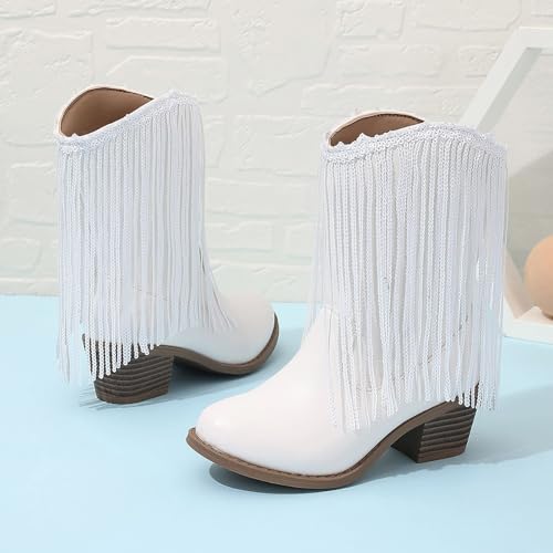 Girl's Cowgirl Boots Cowboy Fringe Western Boots Chunky Heel Tassel Mid Calf Boots Kids Pointed Toe Riding Boots4